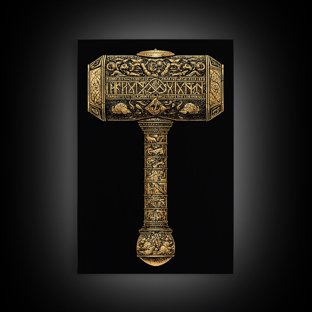 Viking Mjölnir Hammer Canvas Gold Art Canvas Art | Nordic Mythology Pagan Symbol Wall Art Dad Gift | Office Decor in Wood Frame