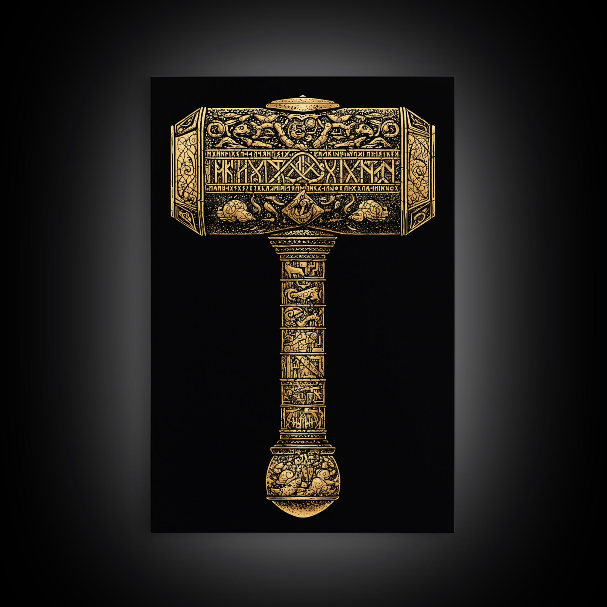 Viking Mjölnir Hammer Canvas Gold Art Canvas Art | Nordic Mythology Pagan Symbol Wall Art Dad Gift | Office Decor in Wood Frame