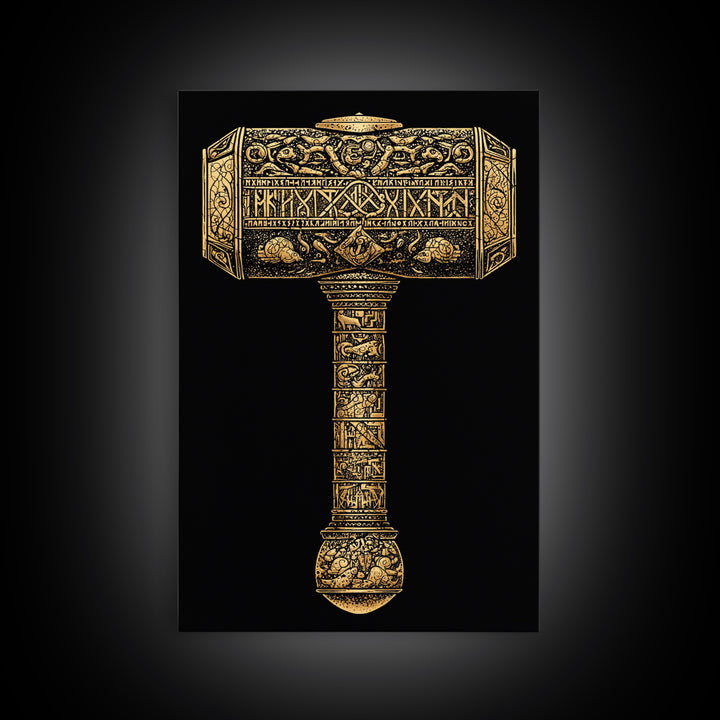 Viking Mjölnir Hammer Canvas Gold Art Canvas Art | Nordic Mythology Pagan Symbol Wall Art Dad Gift | Office Decor in Wood Frame