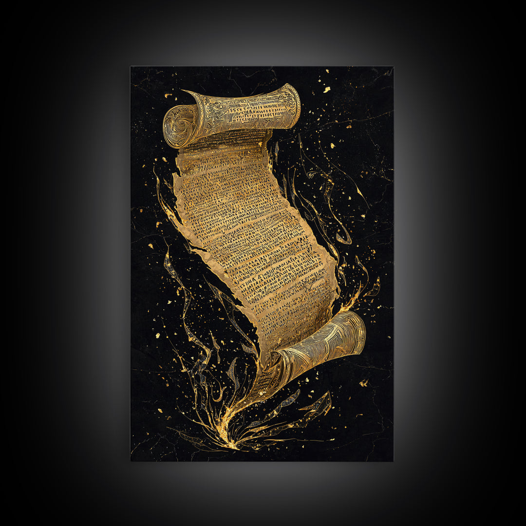 Runestone Scroll Canvas Gold Art Canvas Art | Nordic Mythology Rune Wall Art Viking Pagan Decor | Natural Wood Frame Man Cave Art