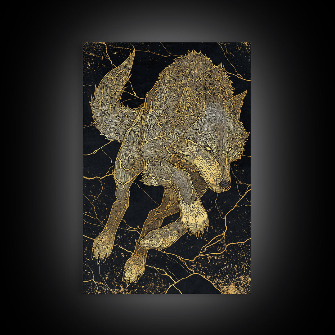 Fenrir Wolf Canvas Gold Art Canvas Art | Norse Mythology Beast Wall Art for Office Decor or Dad Gift | Framed in Real Wood