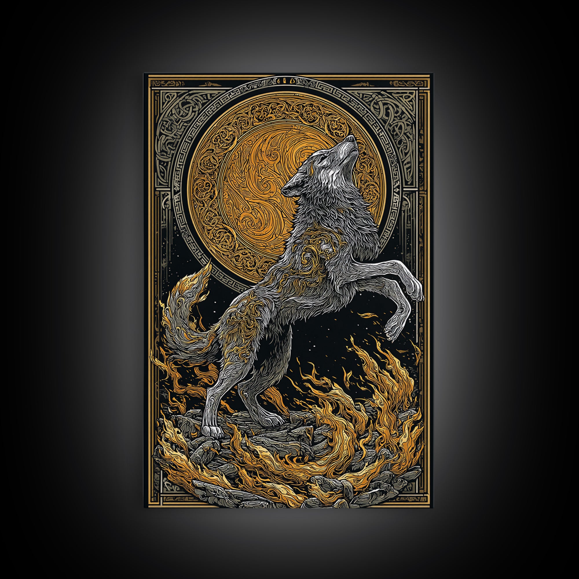 Mythic Wolf Spirit Canvas Gold Art Canvas Art | Norse Viking Wall Art Pagan Symbol Decor for Man Cave | Set with Natural Wood Frame