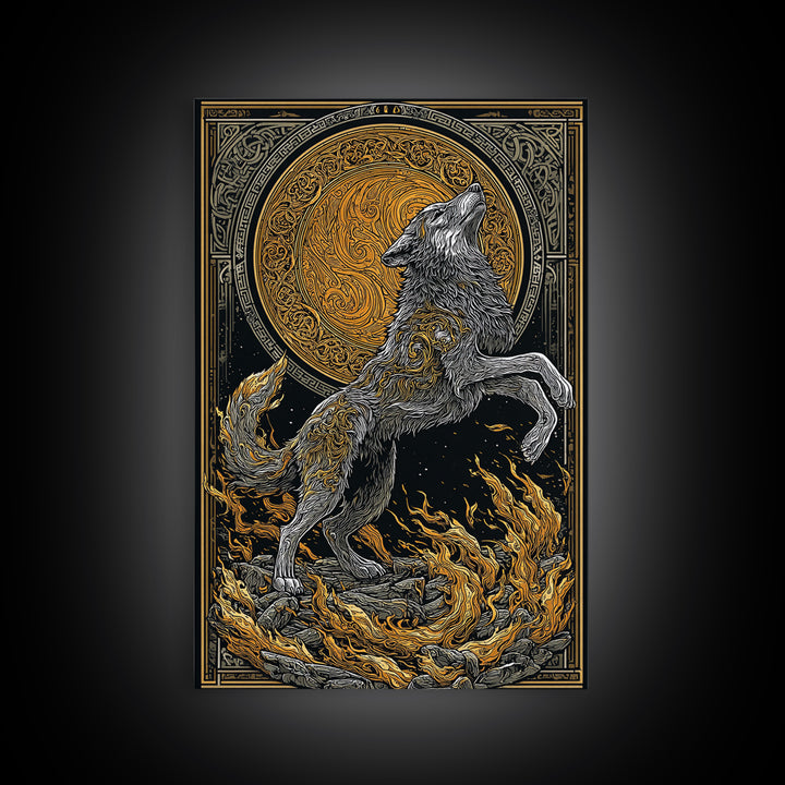 Mythic Wolf Spirit Canvas Gold Art Canvas Art | Norse Viking Wall Art Pagan Symbol Decor for Man Cave | Set with Natural Wood Frame