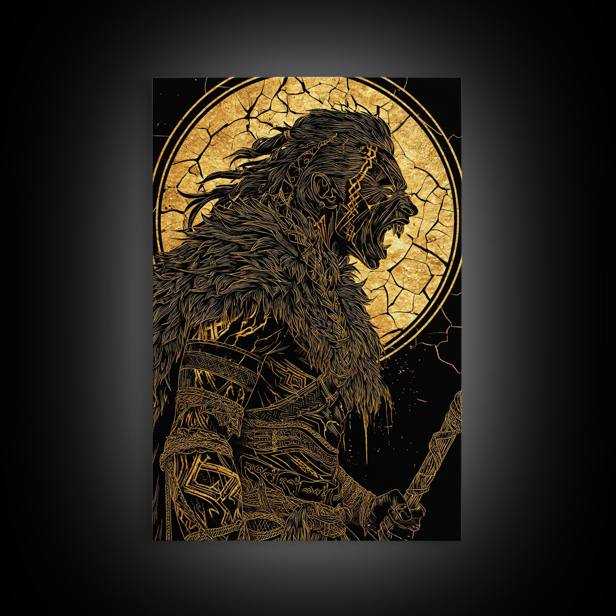 Fierce Viking Berserker Canvas Gold Art Canvas Art | Norse Mythology Warrior Wall Art Dad Gift | Mounted with Real Wood Frame