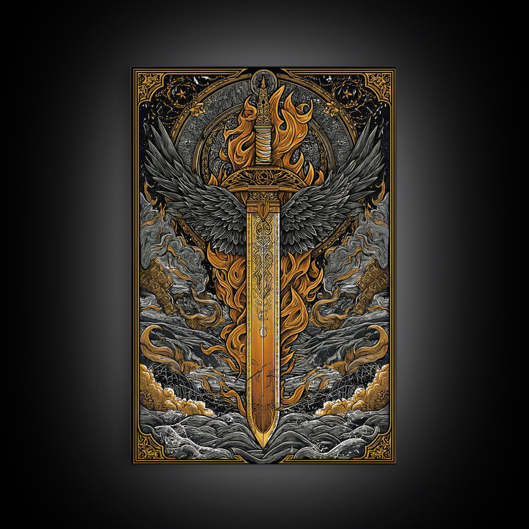 Valkyrie Sword Canvas Gold Art Canvas Art | Norse Mythology Weapon Wall Decor Viking Warrior Art | Mounted in Solid Wood Frame