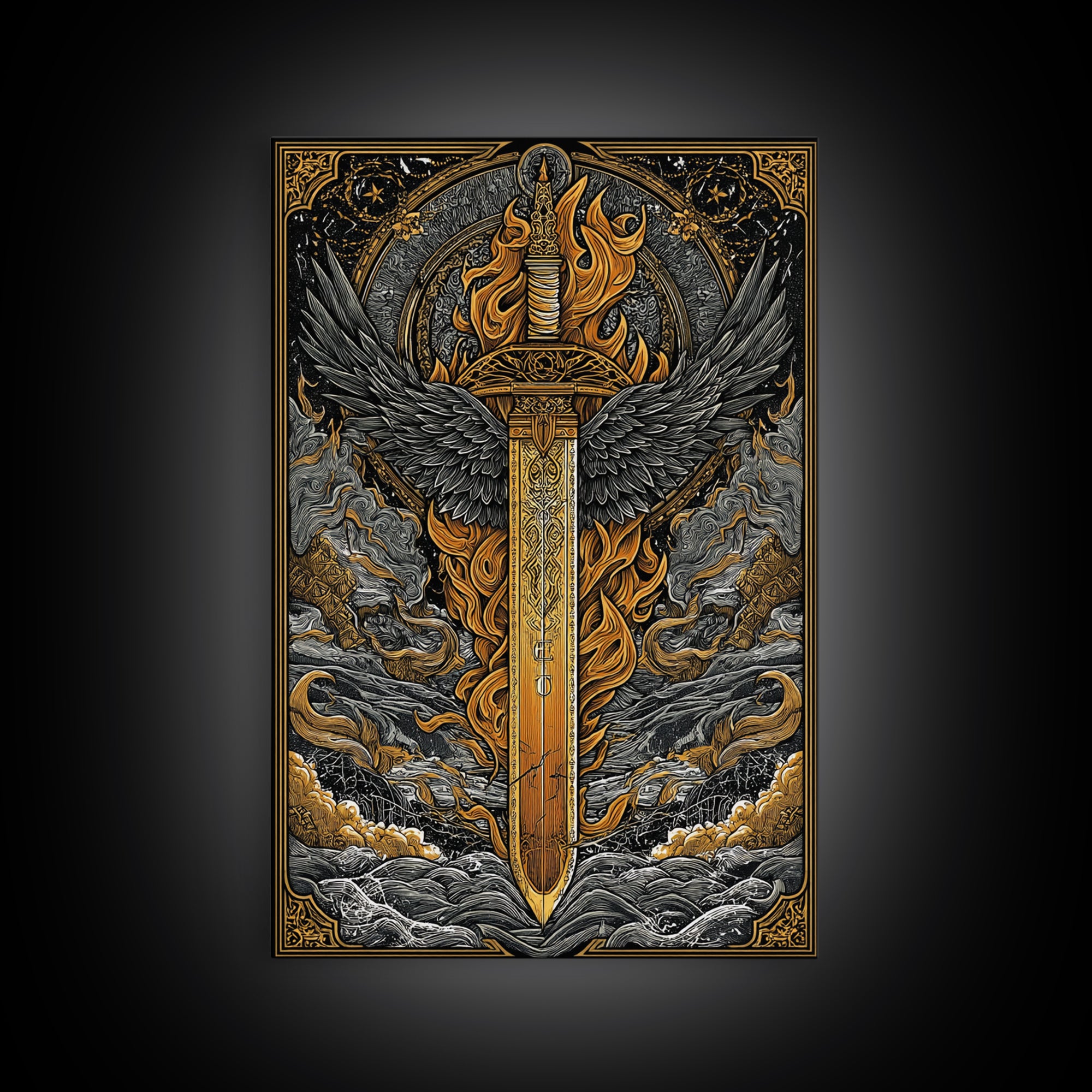 Valkyrie Sword Canvas Gold Art Canvas Art | Norse Mythology Weapon Wall Decor Viking Warrior Art | Mounted in Solid Wood Frame