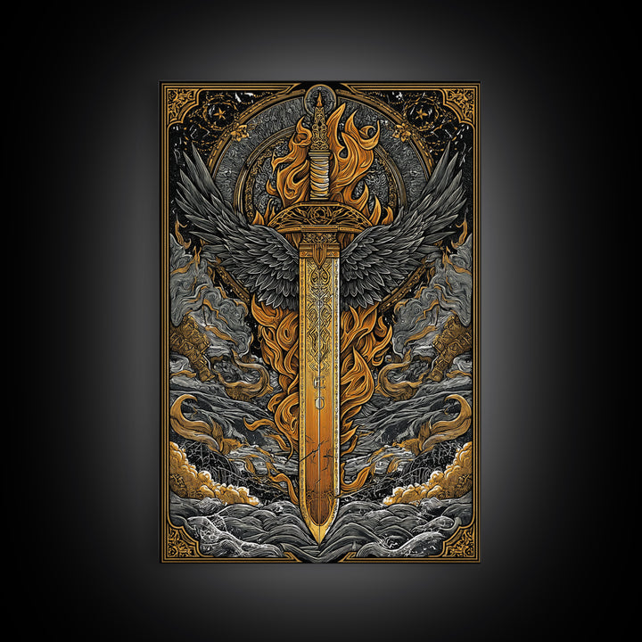 Valkyrie Sword Canvas Gold Art Canvas Art | Norse Mythology Weapon Wall Decor Viking Warrior Art | Mounted in Solid Wood Frame