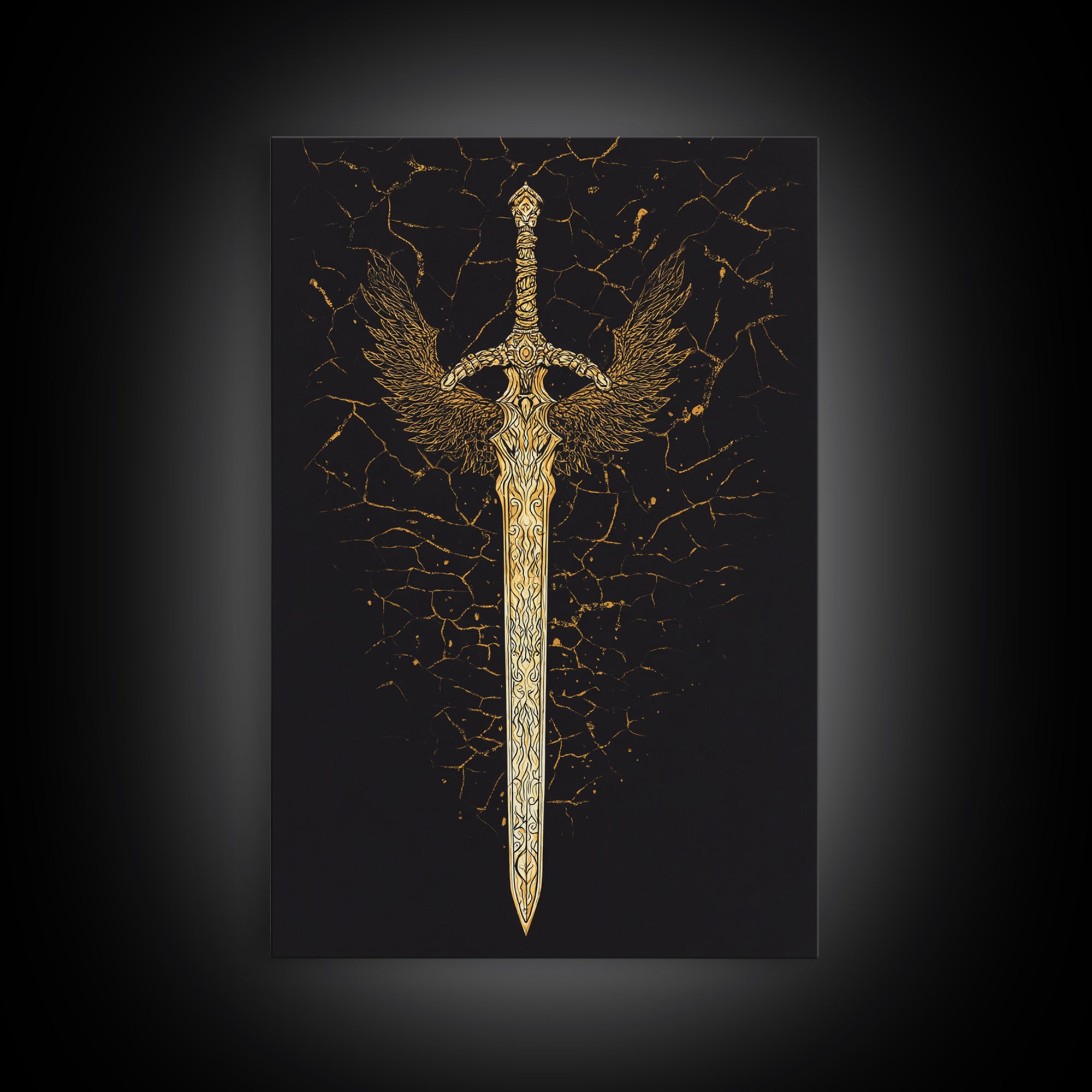 Winged Viking Sword Canvas Gold Art Canvas Art | Norse Mythology Weapon Wall Decor for Man Cave or Office | Framed in Real Wood