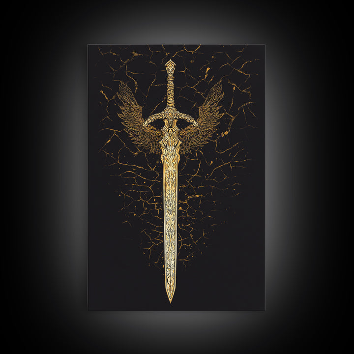 Winged Viking Sword Canvas Gold Art Canvas Art | Norse Mythology Weapon Wall Decor for Man Cave or Office | Framed in Real Wood