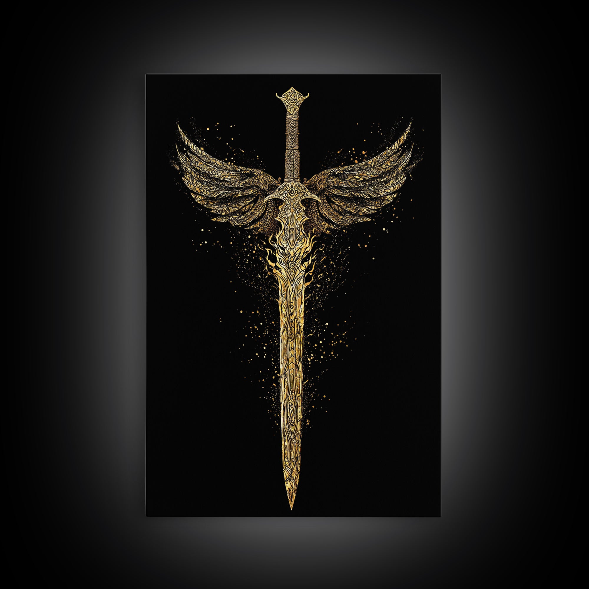 Norse Angelic Sword Canvas Gold Art Canvas Art | Viking Warrior Weapon Wall Art Dad Gift | Mounted with Solid Natural Wood Frame