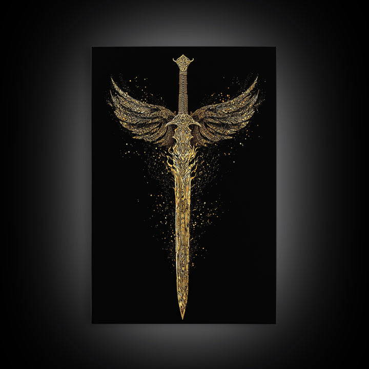 Norse Angelic Sword Canvas Gold Art Canvas Art | Viking Warrior Weapon Wall Art Dad Gift | Mounted with Solid Natural Wood Frame