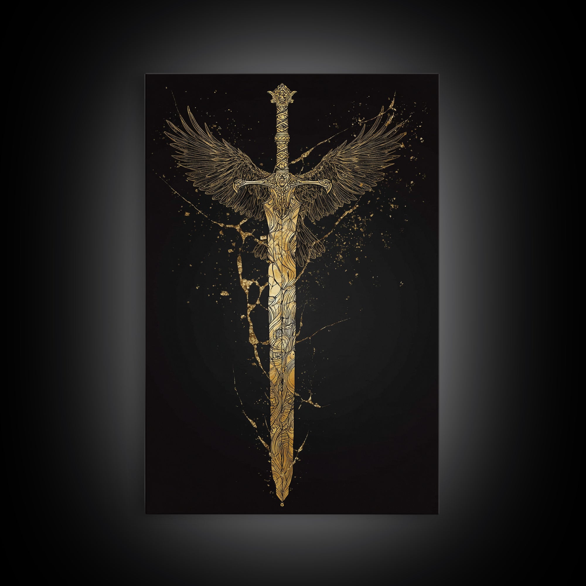Mythic Sword of Odin Canvas Gold Art Canvas Art | Norse Viking Weapon Wall Decor Pagan Symbol | Office Art in Real Wood Framing