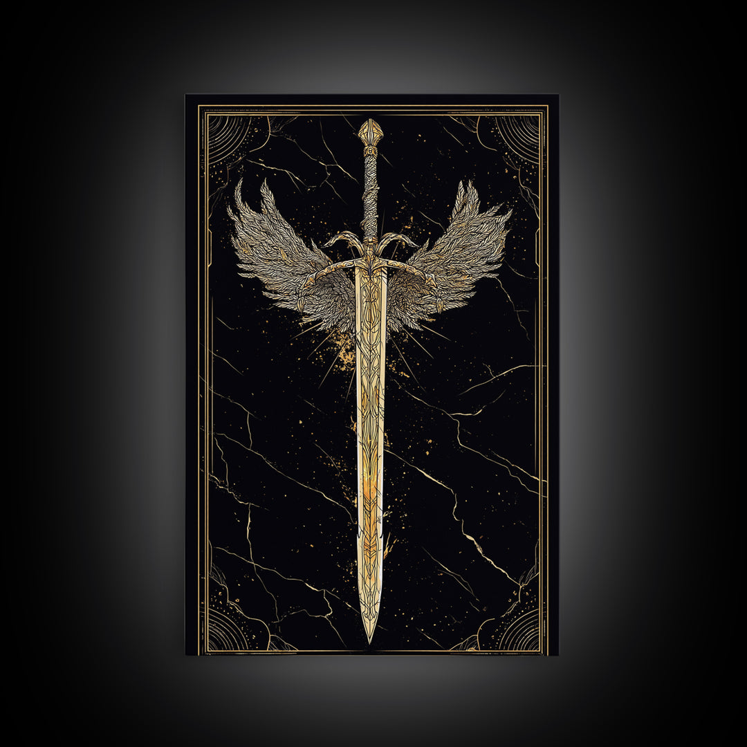 Winged Blade Canvas Gold Art Canvas Art | Norse Mythology Sword Wall Art Pagan Decor Dad Gift | Natural Wood Frame for Office
