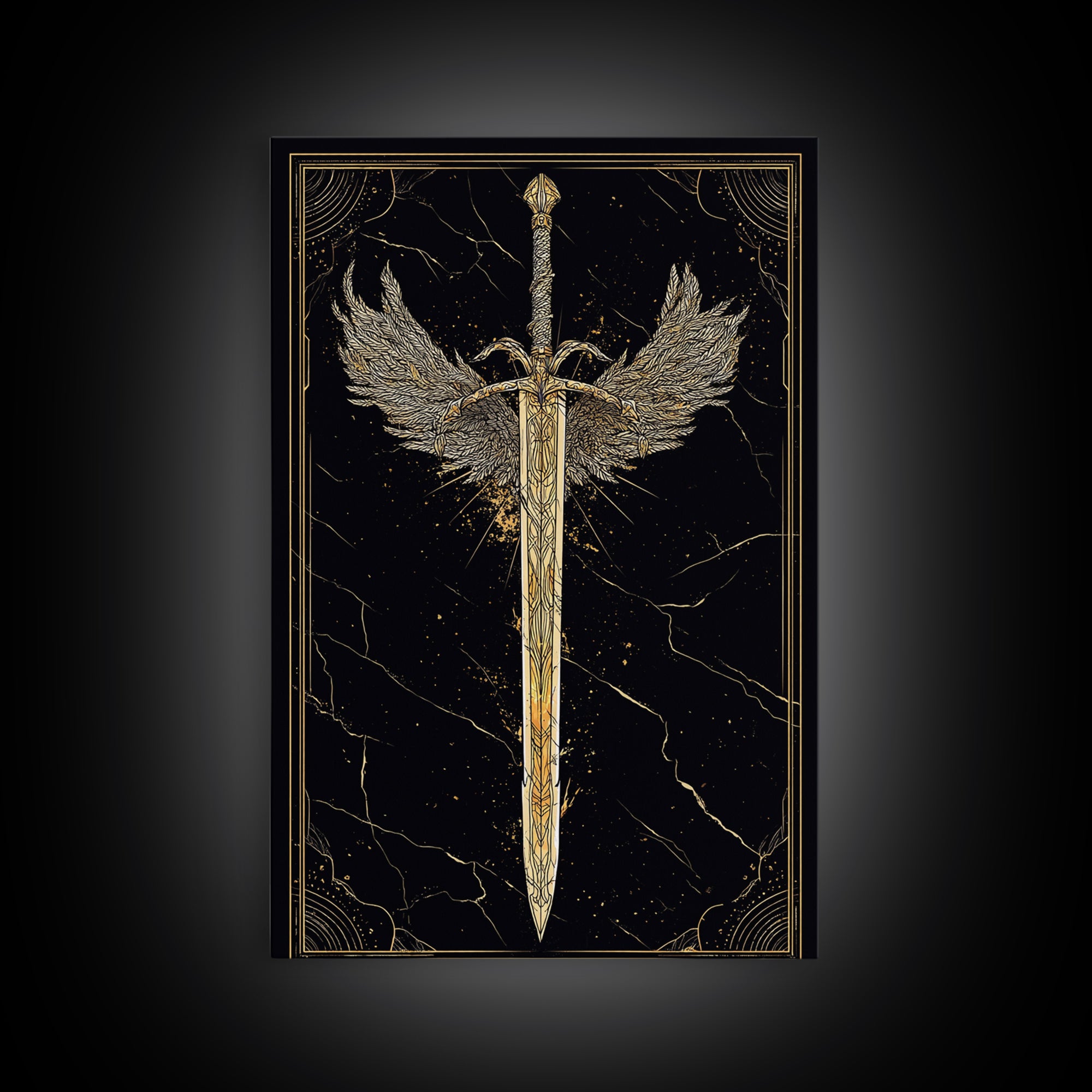 Winged Blade Canvas Gold Art Canvas Art | Norse Mythology Sword Wall Art Pagan Decor Dad Gift | Natural Wood Frame for Office