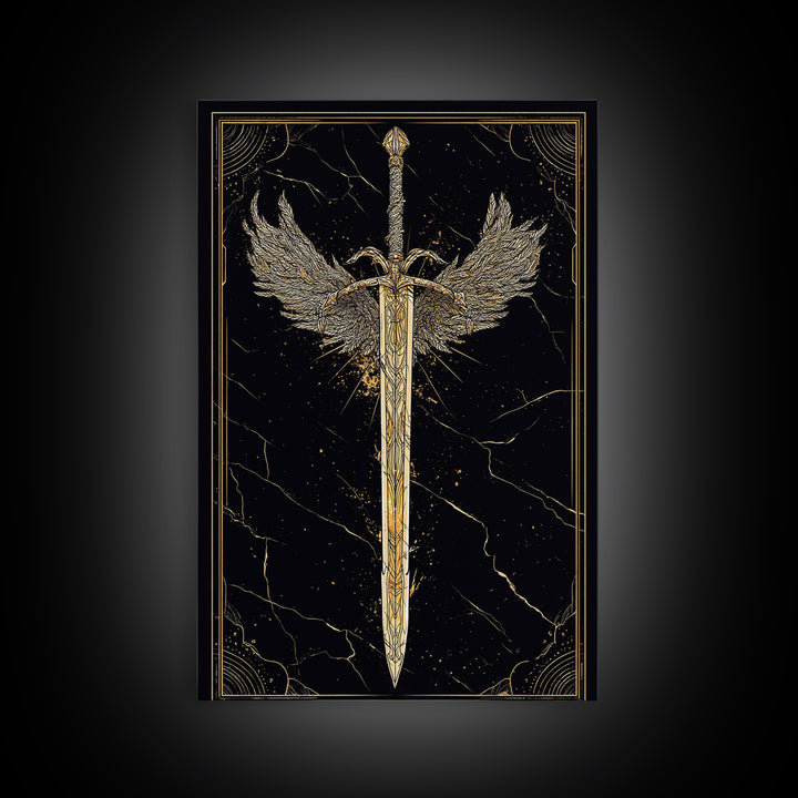 Winged Blade Canvas Gold Art Canvas Art | Norse Mythology Sword Wall Art Pagan Decor Dad Gift | Natural Wood Frame for Office