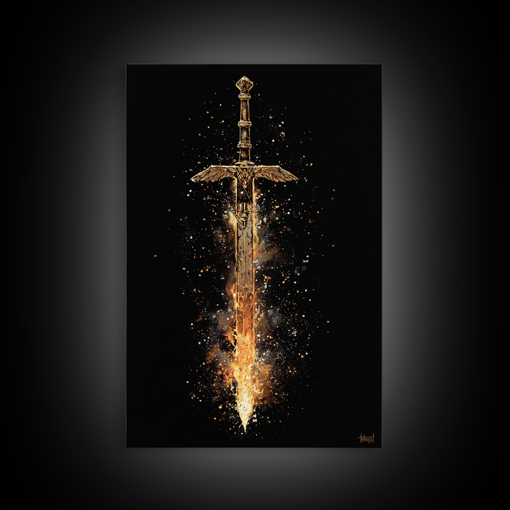 Fiery Sword of the Gods Canvas Gold Art Canvas Art | Viking Weapon Wall Decor Norse Mythology Art | Framed in Authentic Wood