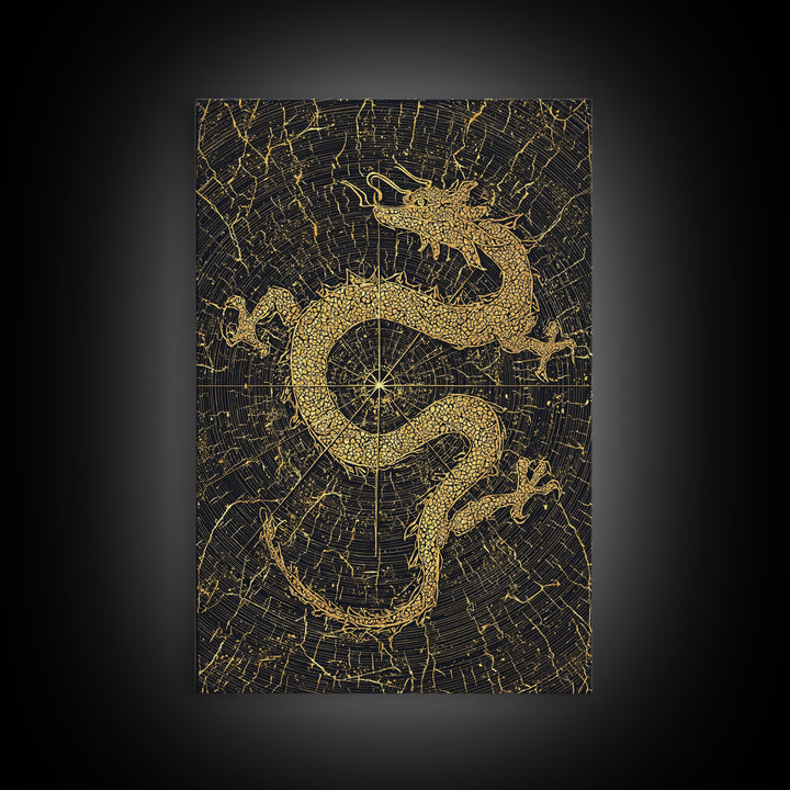 Dragon of Midgard Canvas Gold Art Canvas Art | Norse Mythology Serpent Jormungandr Wall Decor | Office Art with Real Wood Frame