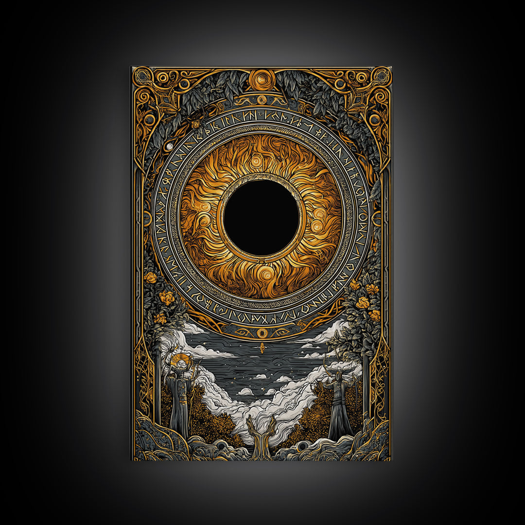 Solar Eclipse Nordic Canvas Gold Art Canvas Art | Viking Pagan Wall Decor Mythology Office Art | Mounted in Solid Natural Wood
