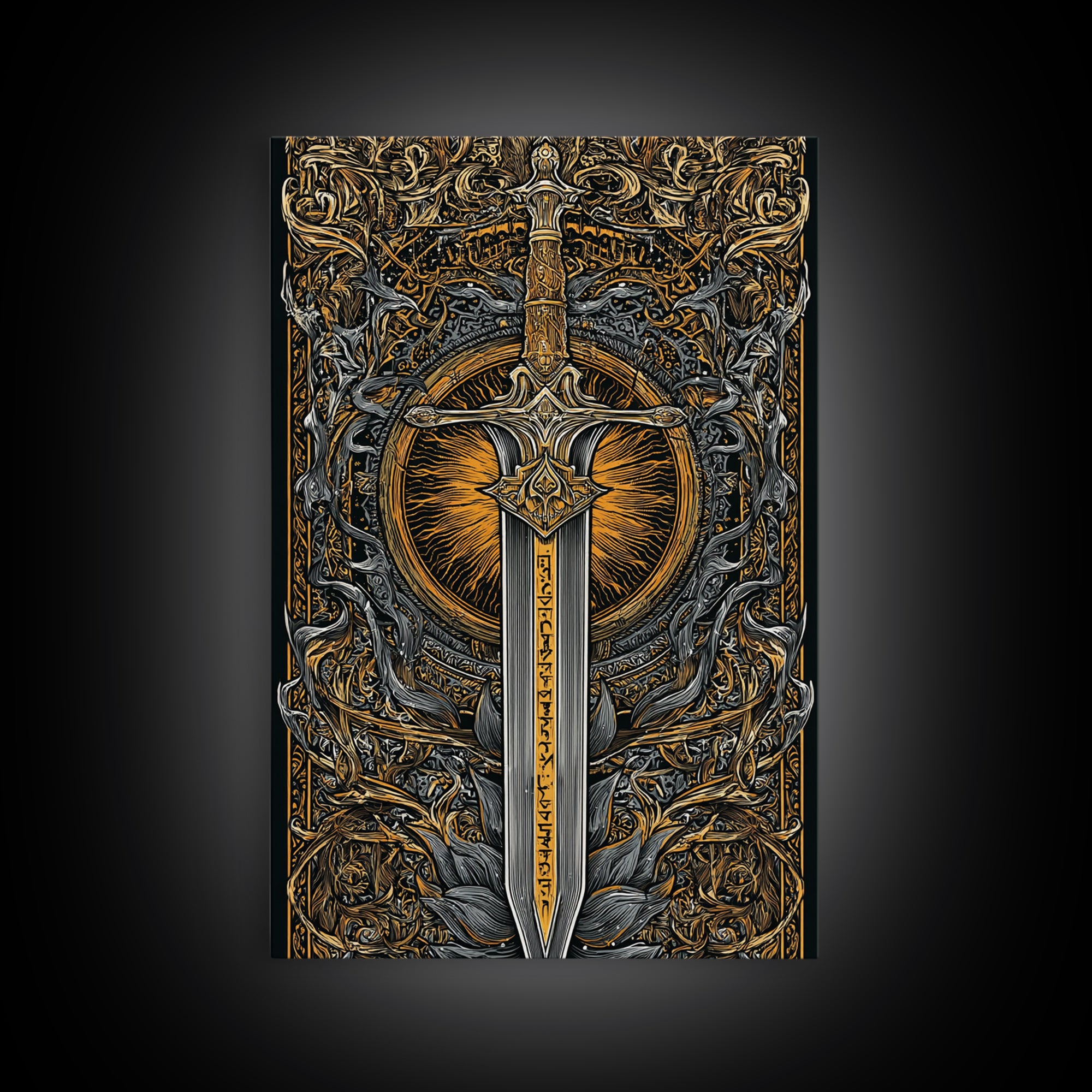Sword of Asgard Canvas Gold Art Canvas Art | Norse Mythology Warrior Weapon Wall Decor for Dad Gift | Framed with Real Wood