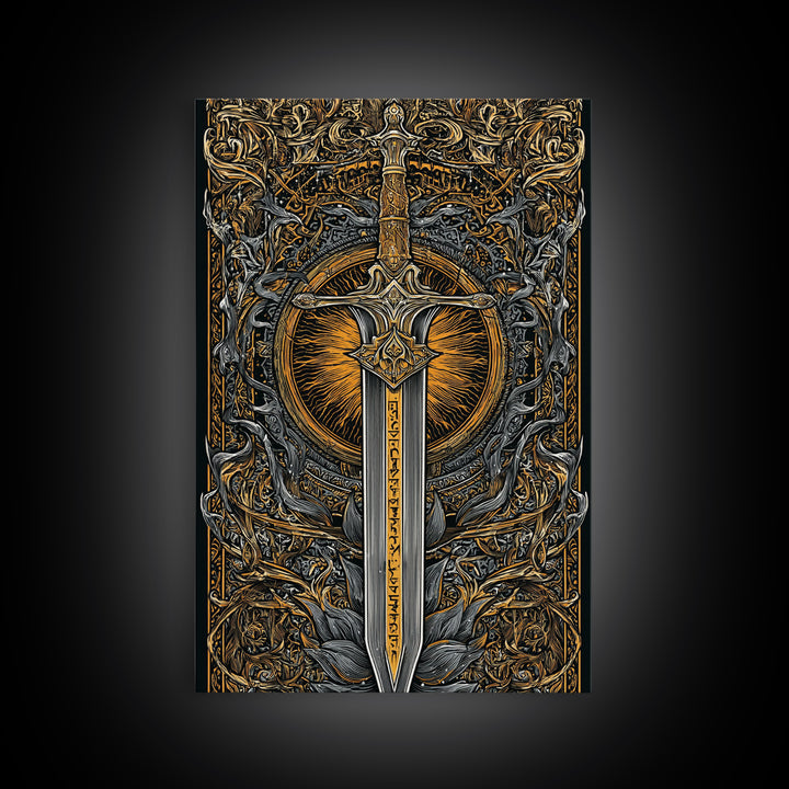 Sword of Asgard Canvas Gold Art Canvas Art | Norse Mythology Warrior Weapon Wall Decor for Dad Gift | Framed with Real Wood