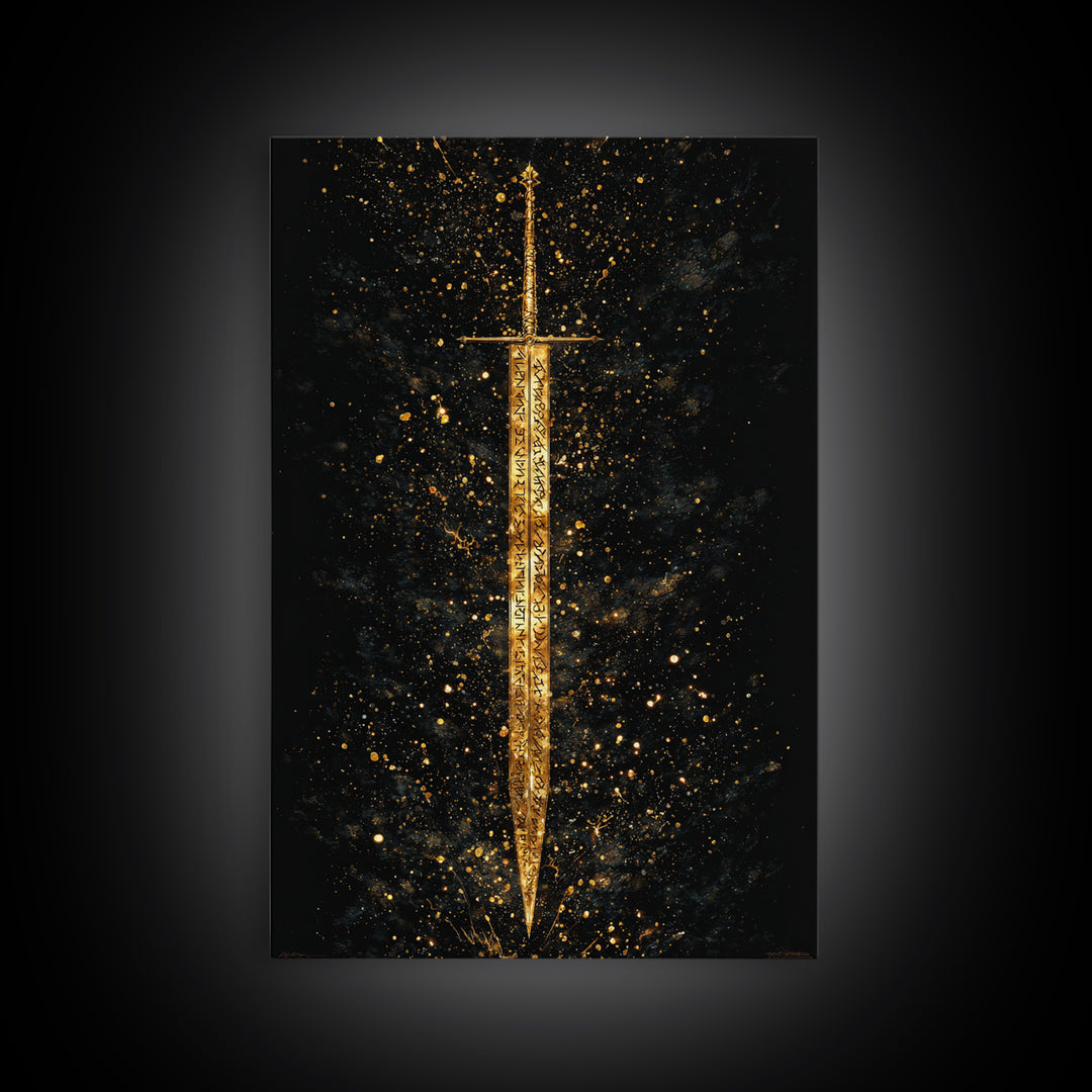 Runic Viking Sword Canvas Gold Art Canvas Art | Norse Mythology Weapon Wall Art Pagan Symbol Decor | Natural Wood Frame Included