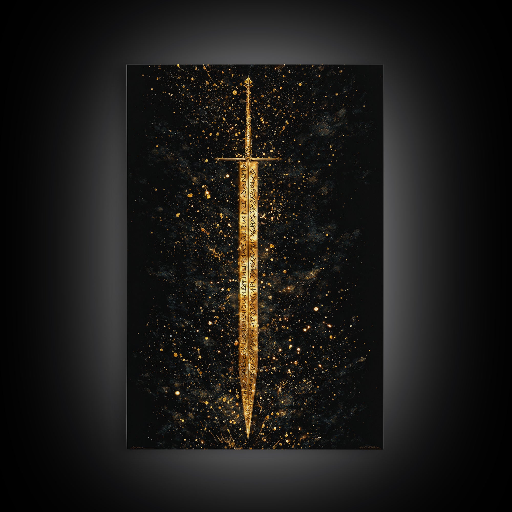 Runic Viking Sword Canvas Gold Art Canvas Art | Norse Mythology Weapon Wall Art Pagan Symbol Decor | Natural Wood Frame Included