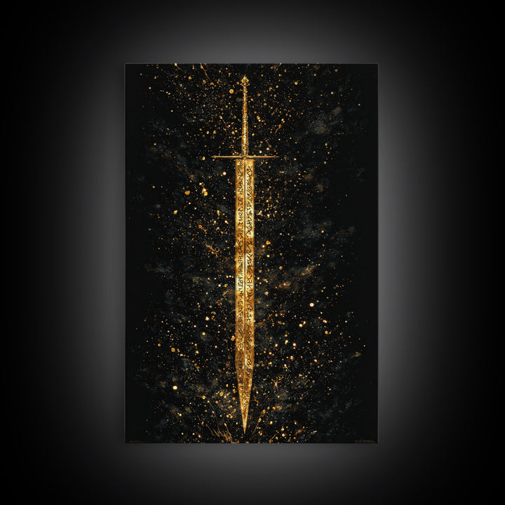 Runic Viking Sword Canvas Gold Art Canvas Art | Norse Mythology Weapon Wall Art Pagan Symbol Decor | Natural Wood Frame Included
