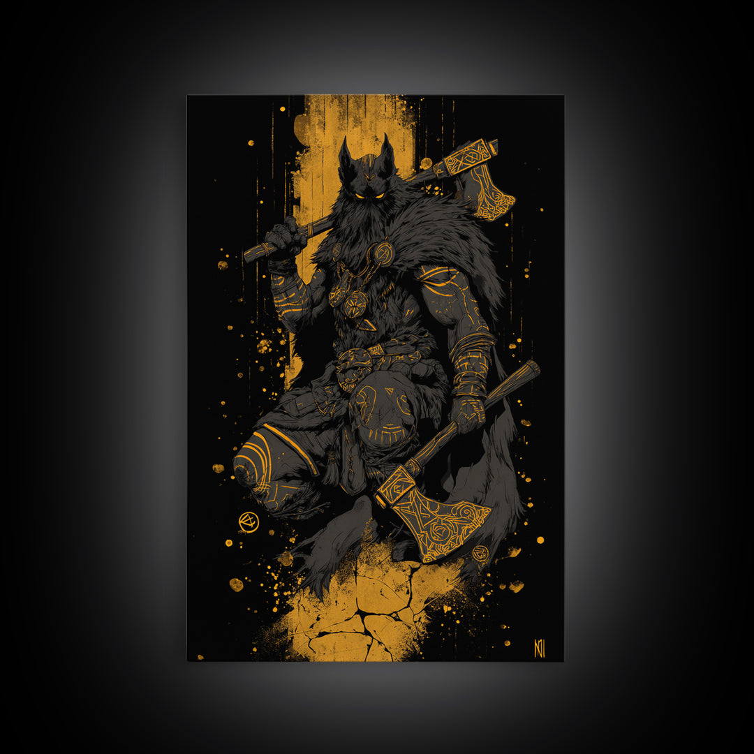 Odin’s Wolf Warrior Canvas Gold Art Canvas Art | Nordic Viking God Wall Decor for Man Cave or Office | Set in Solid Wood Frame