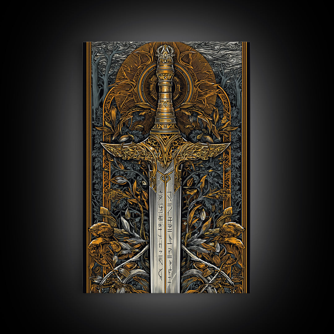 Nordic Forest Sword Canvas Gold Art Canvas Art | Viking Mythology Decor Pagan Warrior Weapon Wall Art | Mounted with Wood Frame