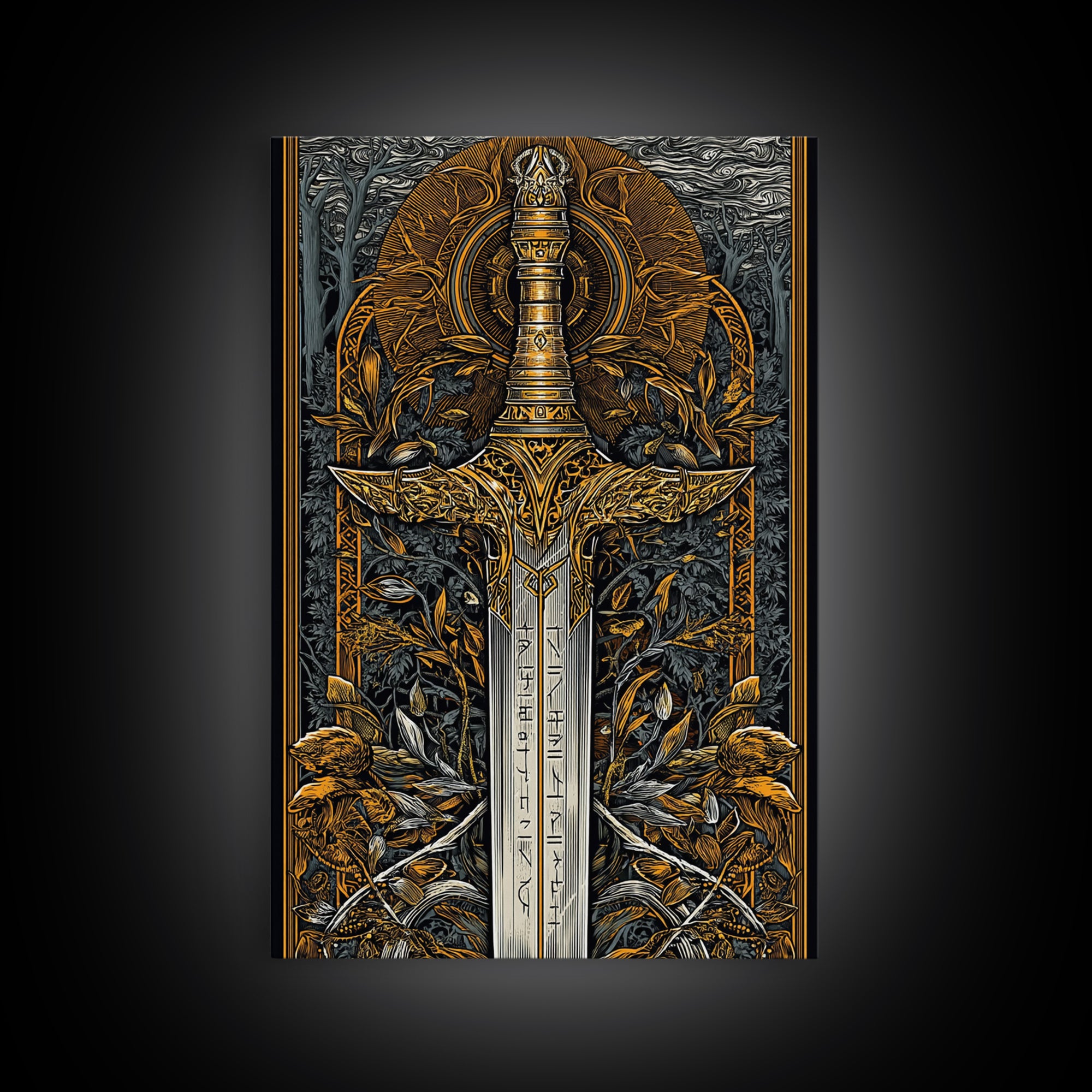 Nordic Forest Sword Canvas Gold Art Canvas Art | Viking Mythology Decor Pagan Warrior Weapon Wall Art | Mounted with Wood Frame