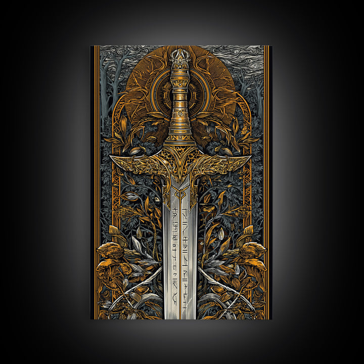 Nordic Forest Sword Canvas Gold Art Canvas Art | Viking Mythology Decor Pagan Warrior Weapon Wall Art | Mounted with Wood Frame