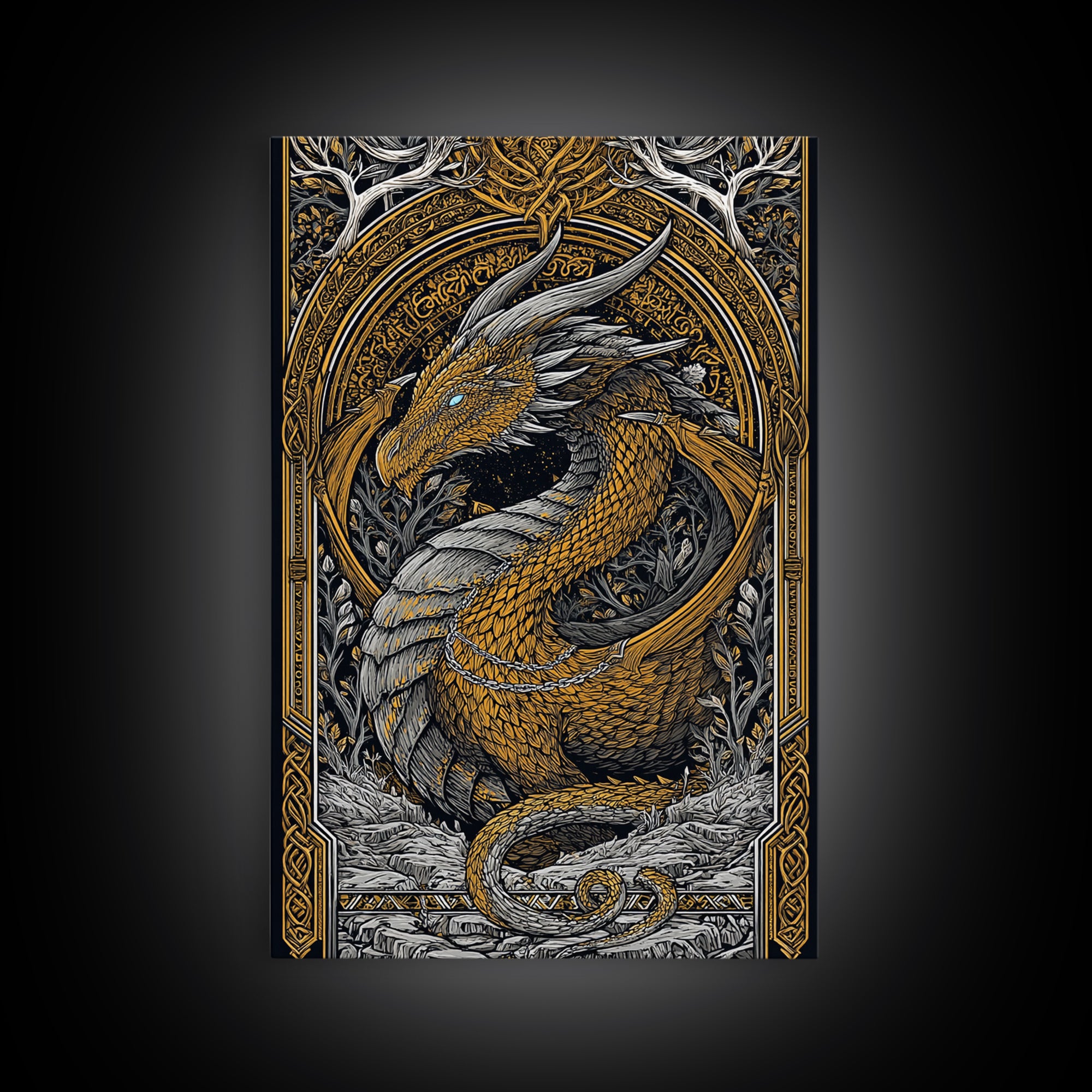 Nordic Dragon Canvas Gold Art Canvas Art | Viking Mythology Wall Decor for Dad Gift or Office Art | With Natural Wood Frame