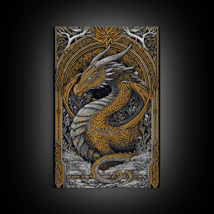 Nordic Dragon Canvas Gold Art Canvas Art | Viking Mythology Wall Decor for Dad Gift or Office Art | With Natural Wood Frame