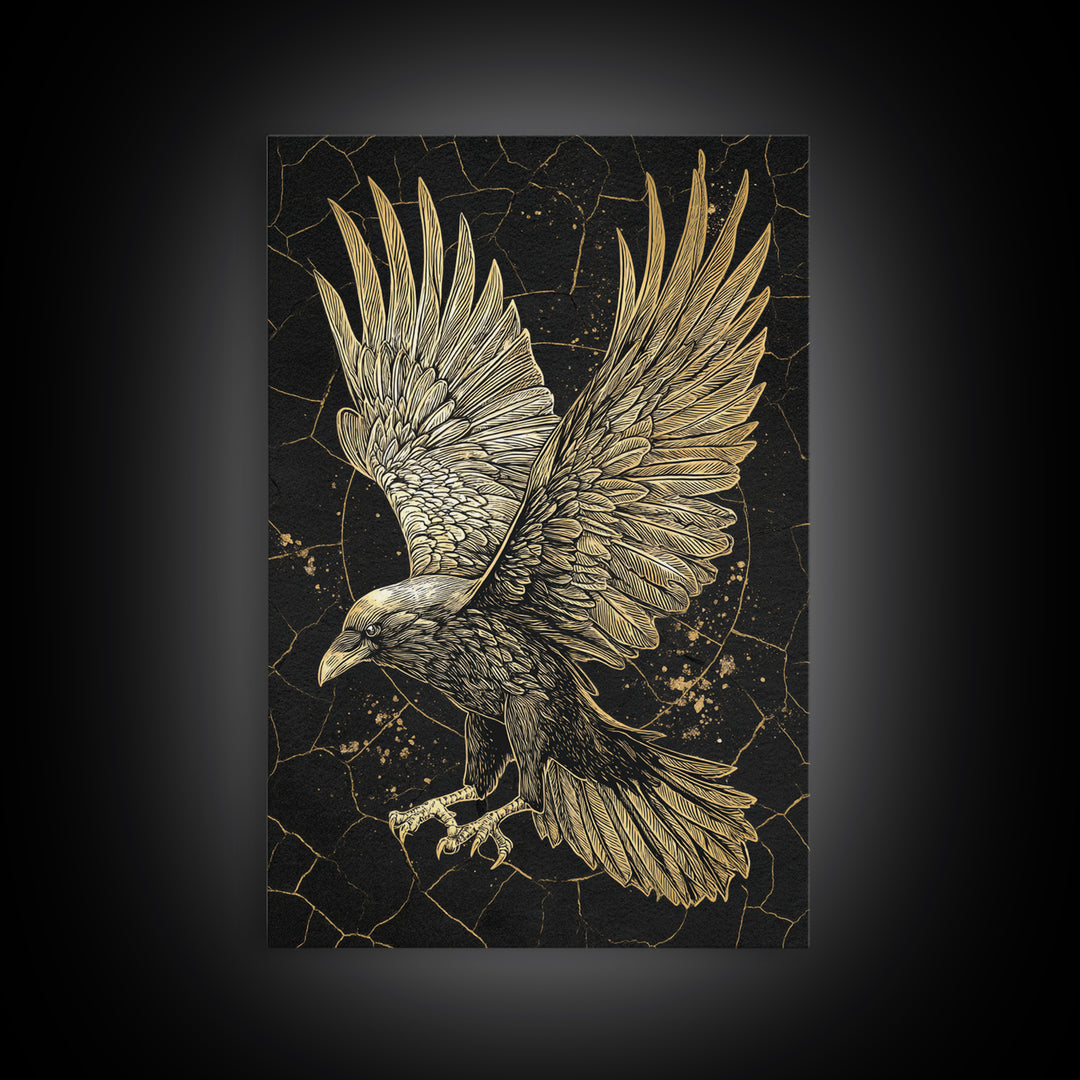 Odin’s Raven Canvas Gold Art Canvas Art | Viking Mythology Wall Decor for Office or Dad Gift | Framed with Solid Wood
