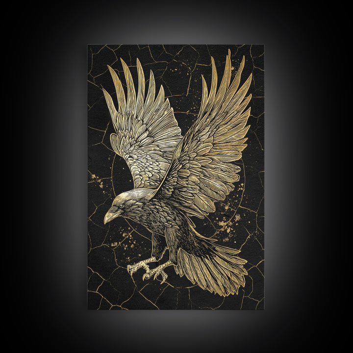 Odin’s Raven Canvas Gold Art Canvas Art | Viking Mythology Wall Decor for Office or Dad Gift | Framed with Solid Wood