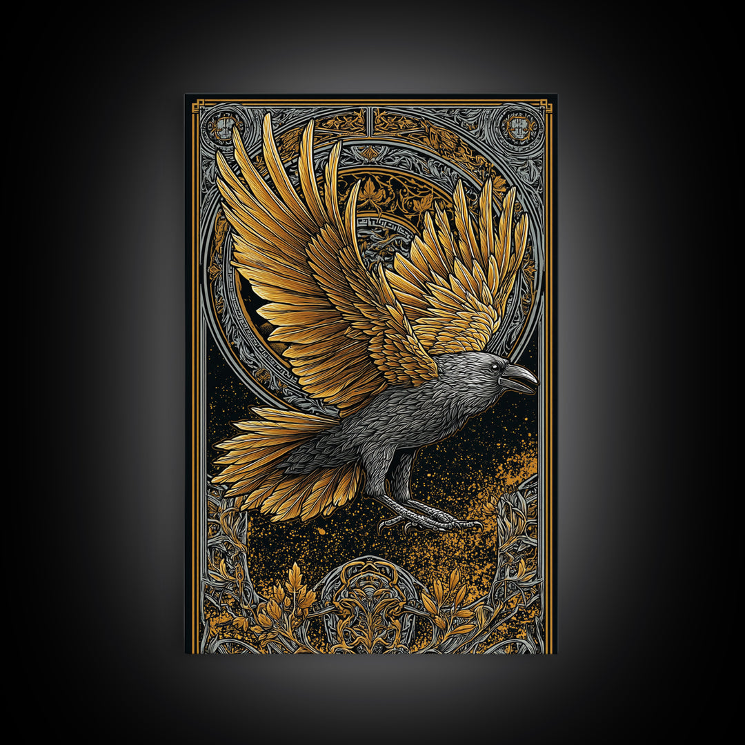 Huginn and Muninn Raven Canvas Gold Art Canvas Art | Norse Mythology Wall Hanging for Man Cave Decor | Real Wood Frame Included