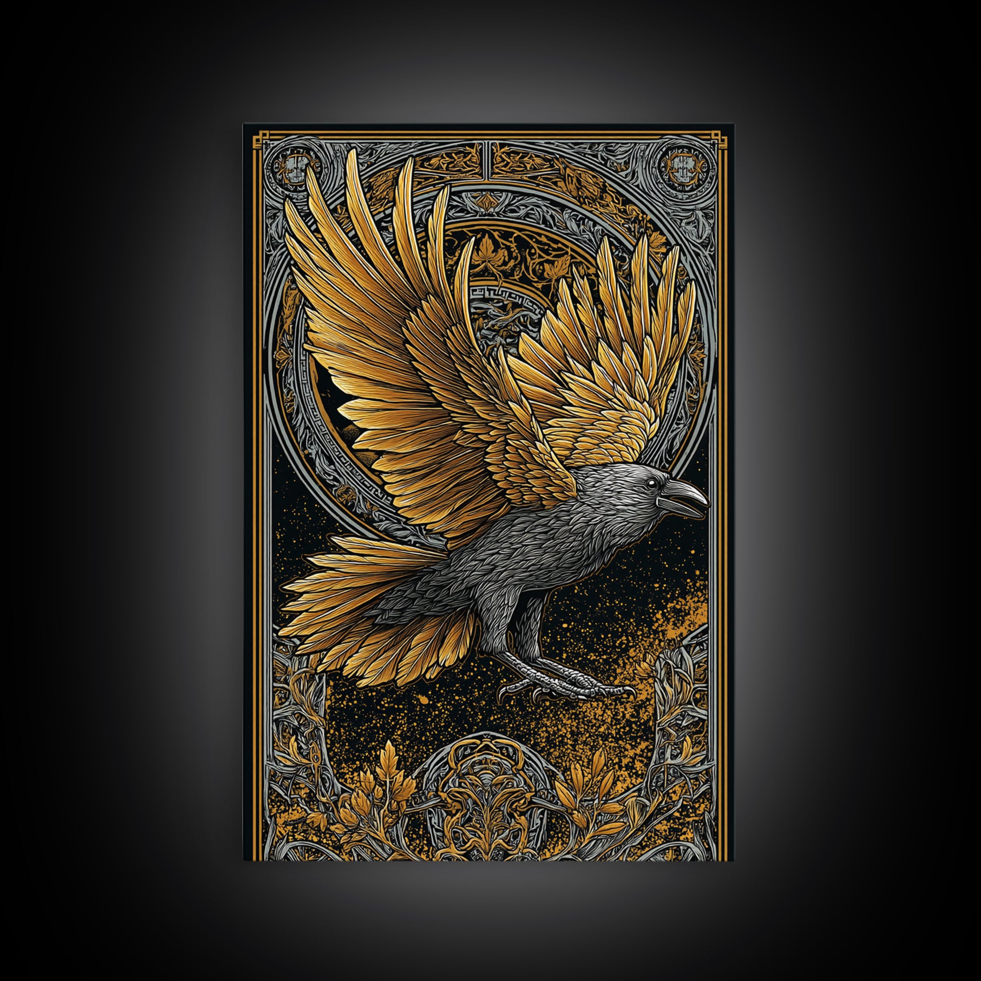 Huginn and Muninn Raven Canvas Gold Art Canvas Art | Norse Mythology Wall Hanging for Man Cave Decor | Real Wood Frame Included