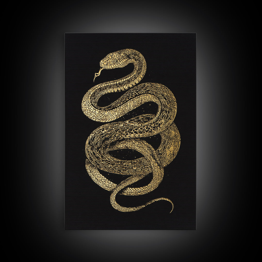 Jormungandr Serpent Canvas Gold Art Canvas Art | Viking Snake Norse Mythology Wall Art for Office or Man Cave | Framed in Wood