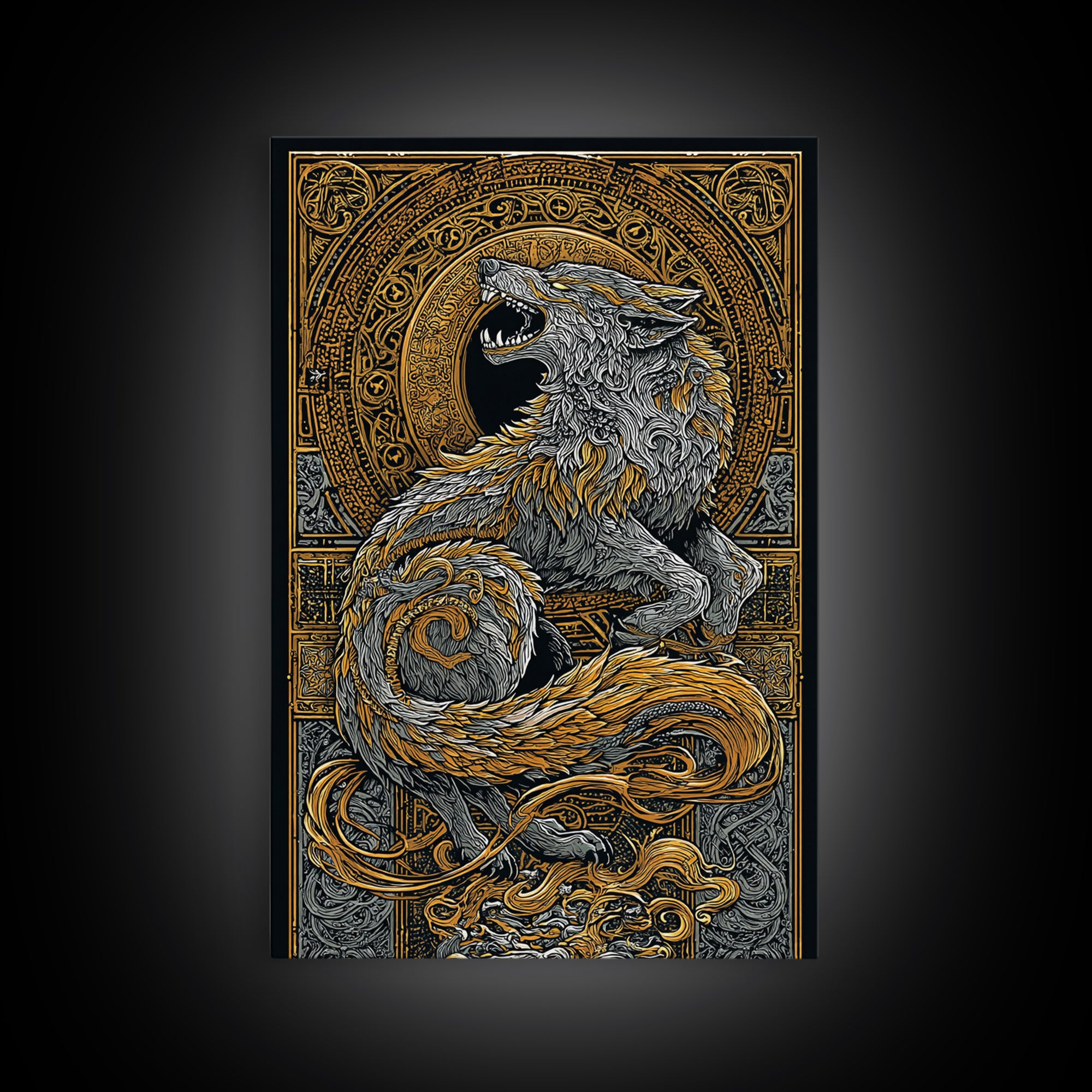 Fenrir Wolf Canvas Gold Art Canvas Art | Norse Mythology Viking Wolf Wall Decor for Dad Gift or Office Art | Real Wood Frame
