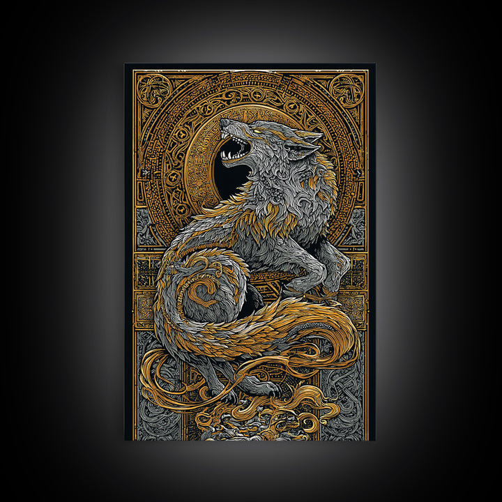 Fenrir Wolf Canvas Gold Art Canvas Art | Norse Mythology Viking Wolf Wall Decor for Dad Gift or Office Art | Real Wood Frame