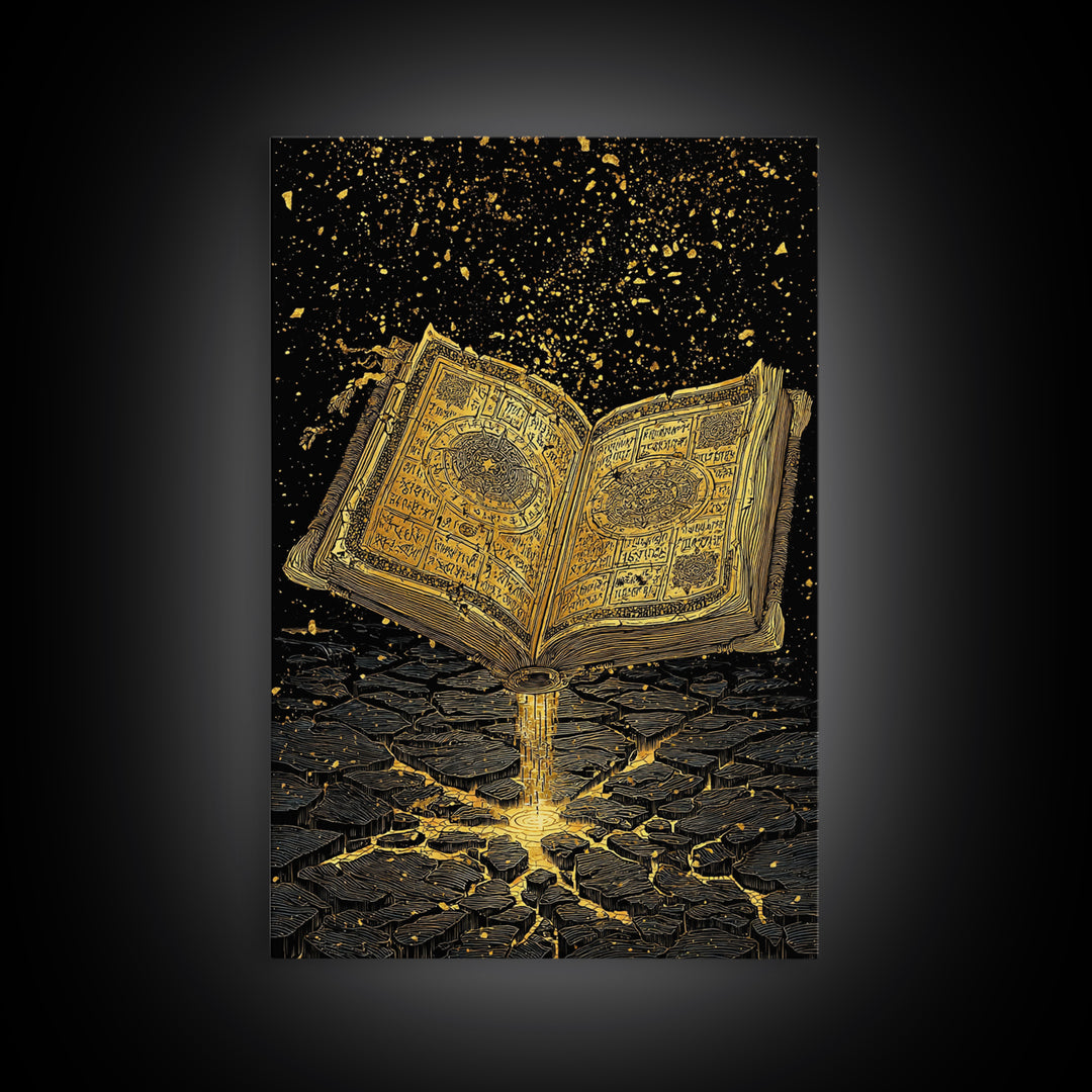 Nordic Spellbook Canvas Gold Art Canvas Art | Viking Runes Mythology Wall Decor for Man Cave or Office | Framed with Wood