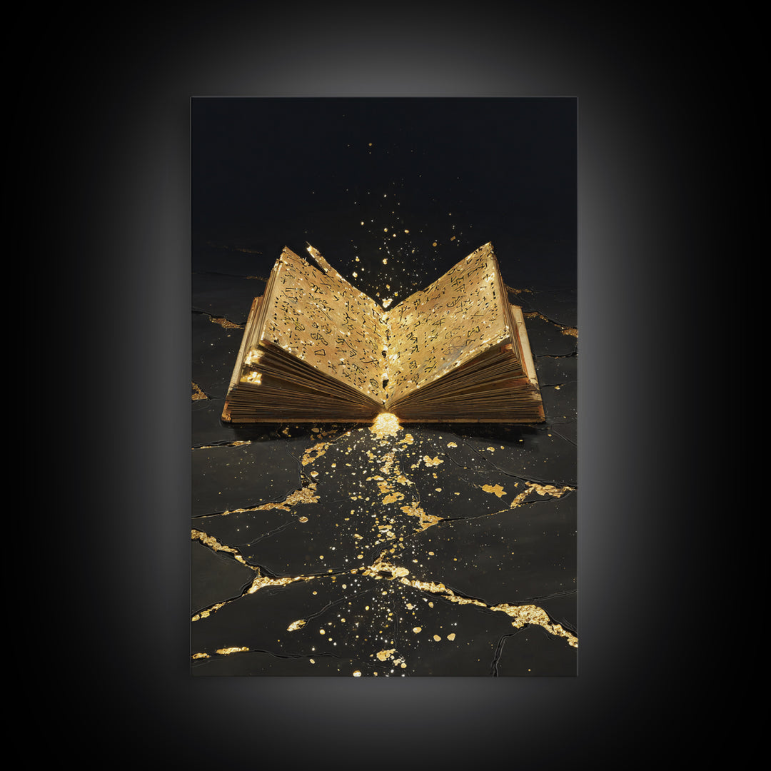 Ancient Rune Book Canvas Gold Art Canvas Art | Norse Mythology Viking Decor for Office Art or Man Cave | Natural Wood Framing