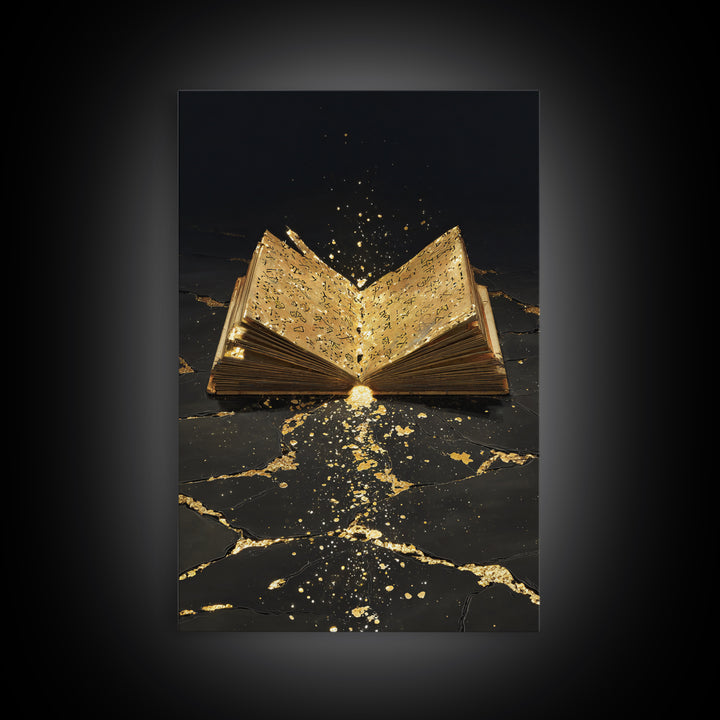 Ancient Rune Book Canvas Gold Art Canvas Art | Norse Mythology Viking Decor for Office Art or Man Cave | Natural Wood Framing