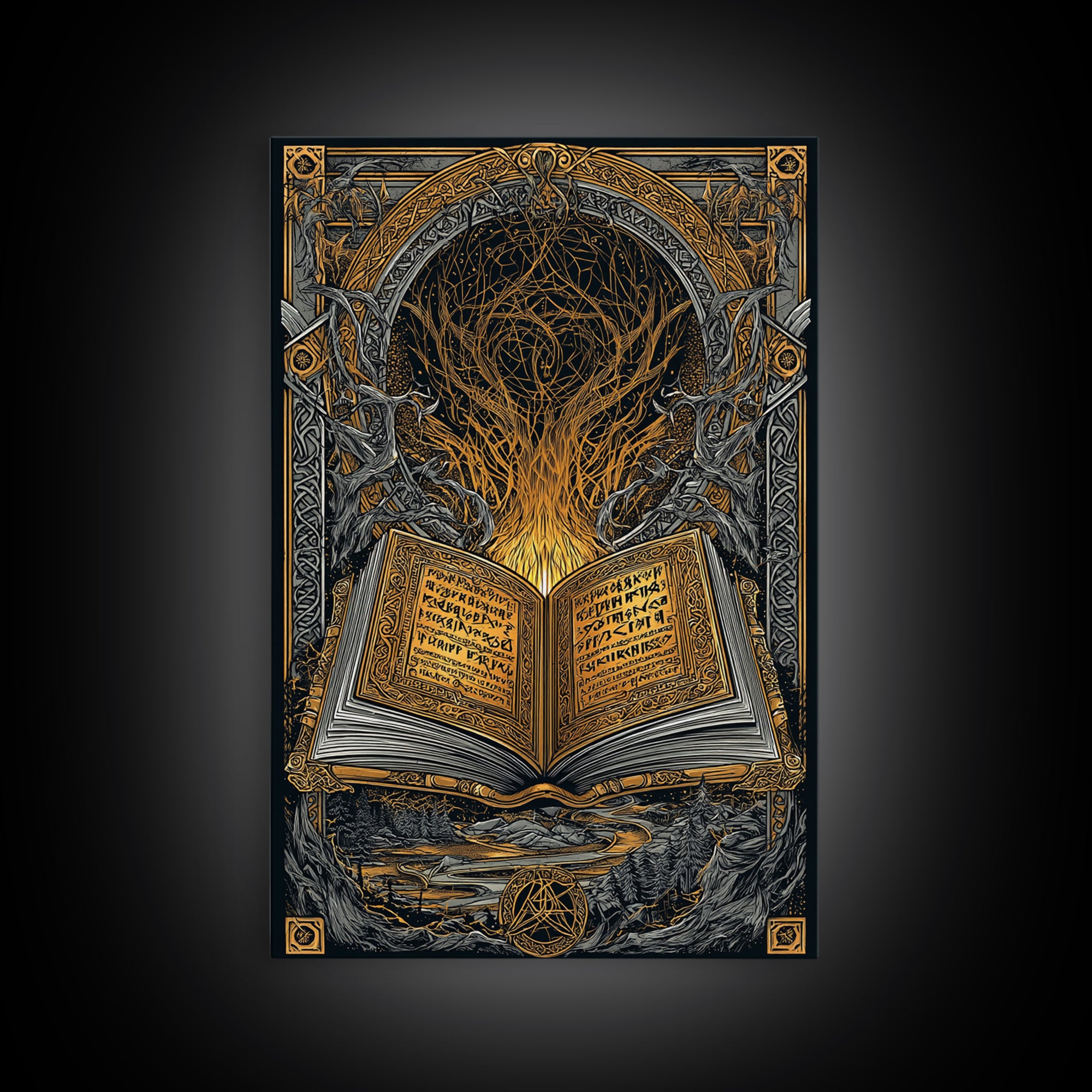 Viking Grimoire Canvas Gold Art Canvas Art | Norse Mythology Rune Book Wall Decor for Dad Gift or Study | Framed in Real Wood