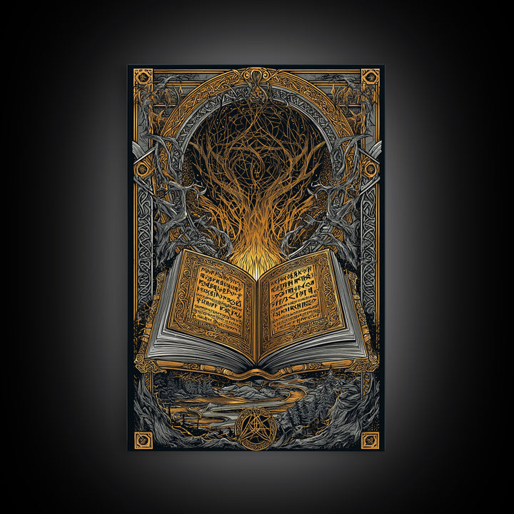 Viking Grimoire Canvas Gold Art Canvas Art | Norse Mythology Rune Book Wall Decor for Dad Gift or Study | Framed in Real Wood