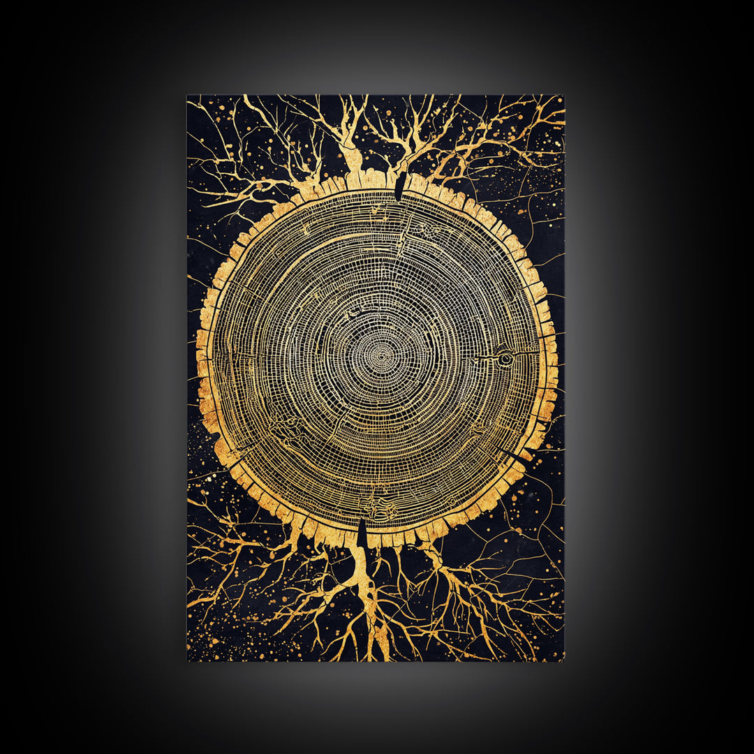 Canvas Gold Art of Yggdrasil Inspired Tree Rings, Norse Mythology Canvas Art for Dad Gift or Study, handcrafted real wood frame