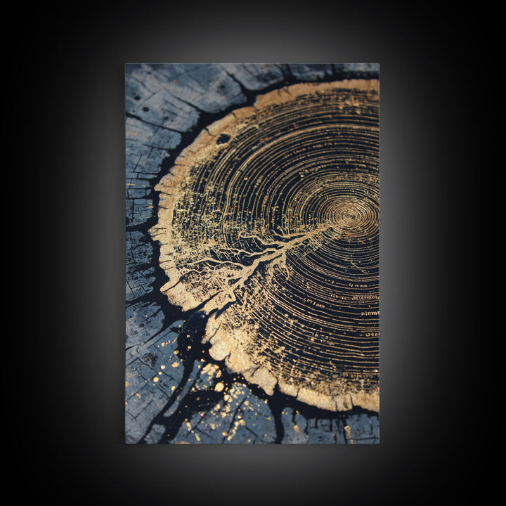 Odin’s Yggdrasil Tree Ring Canvas Gold Art, Nordic Mythology Canvas Art for Man Cave or Office, framed in natural real wood