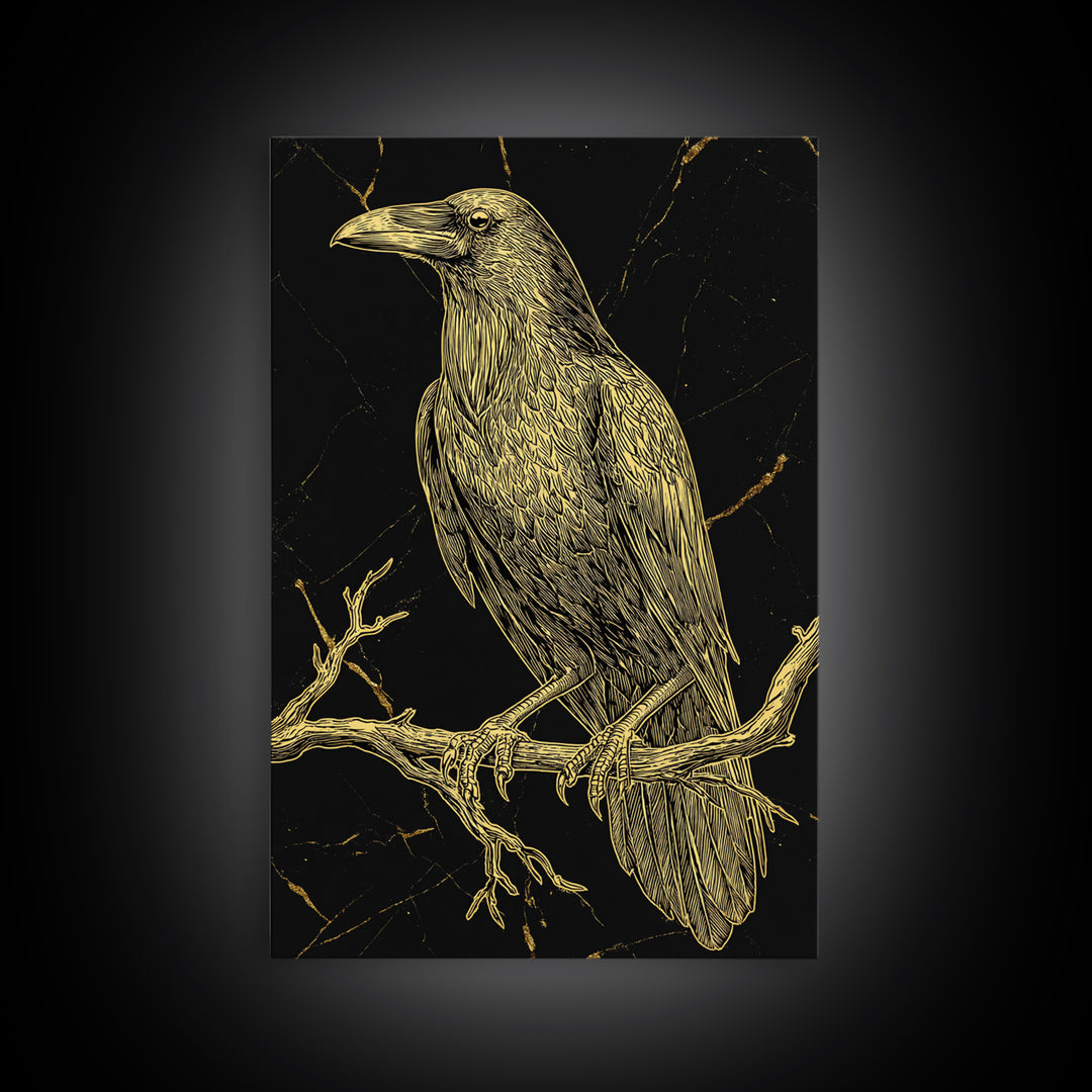 Raven Canvas Gold Art Wall Decor, Huginn and Muninn Inspired Norse Mythology Canvas Art for Office or Man Cave, in real wood frame