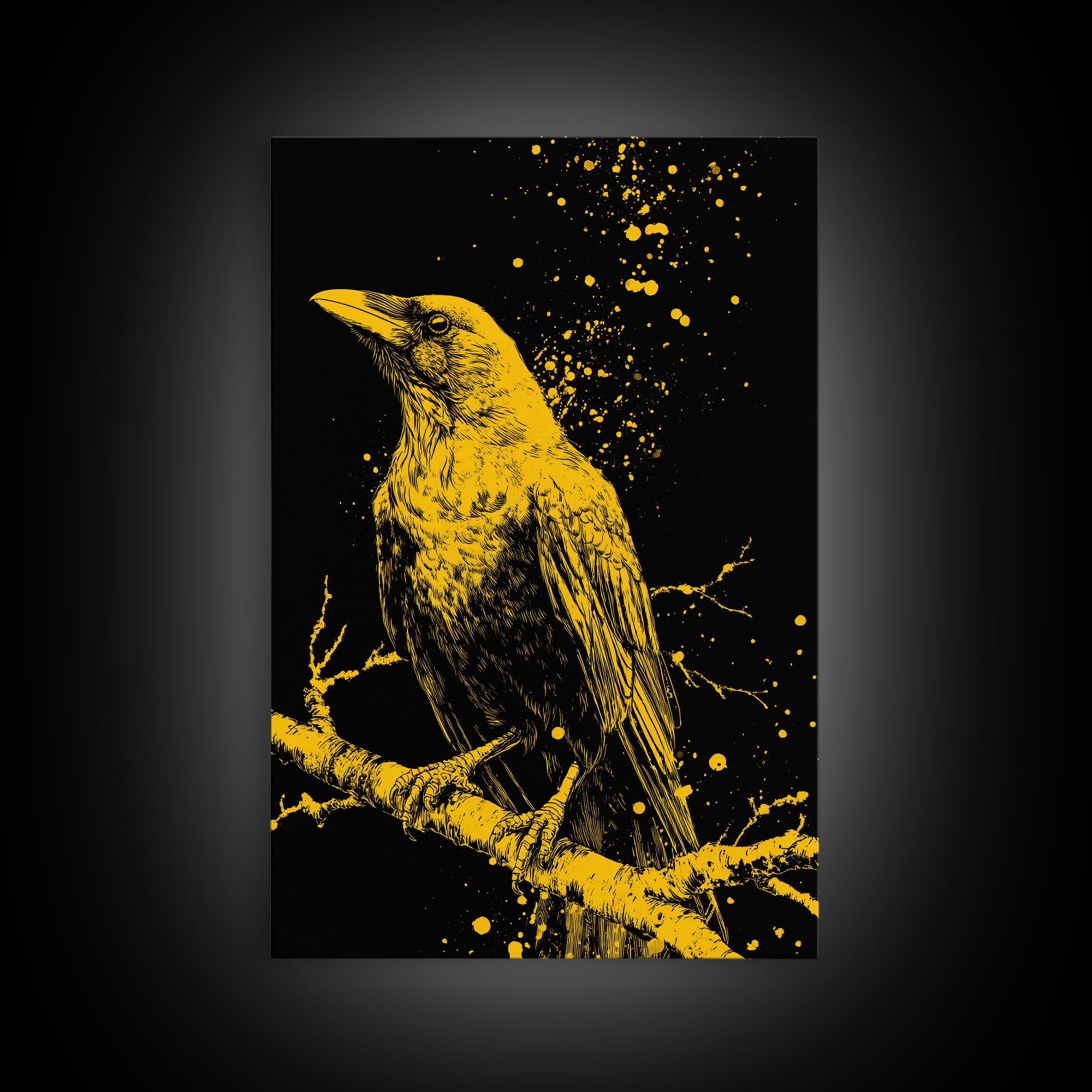 Nordic Mythology Raven Canvas Gold Art, Odin’s Huginn Raven Canvas Art for Dad Gift, Office or Study, framed with natural wood
