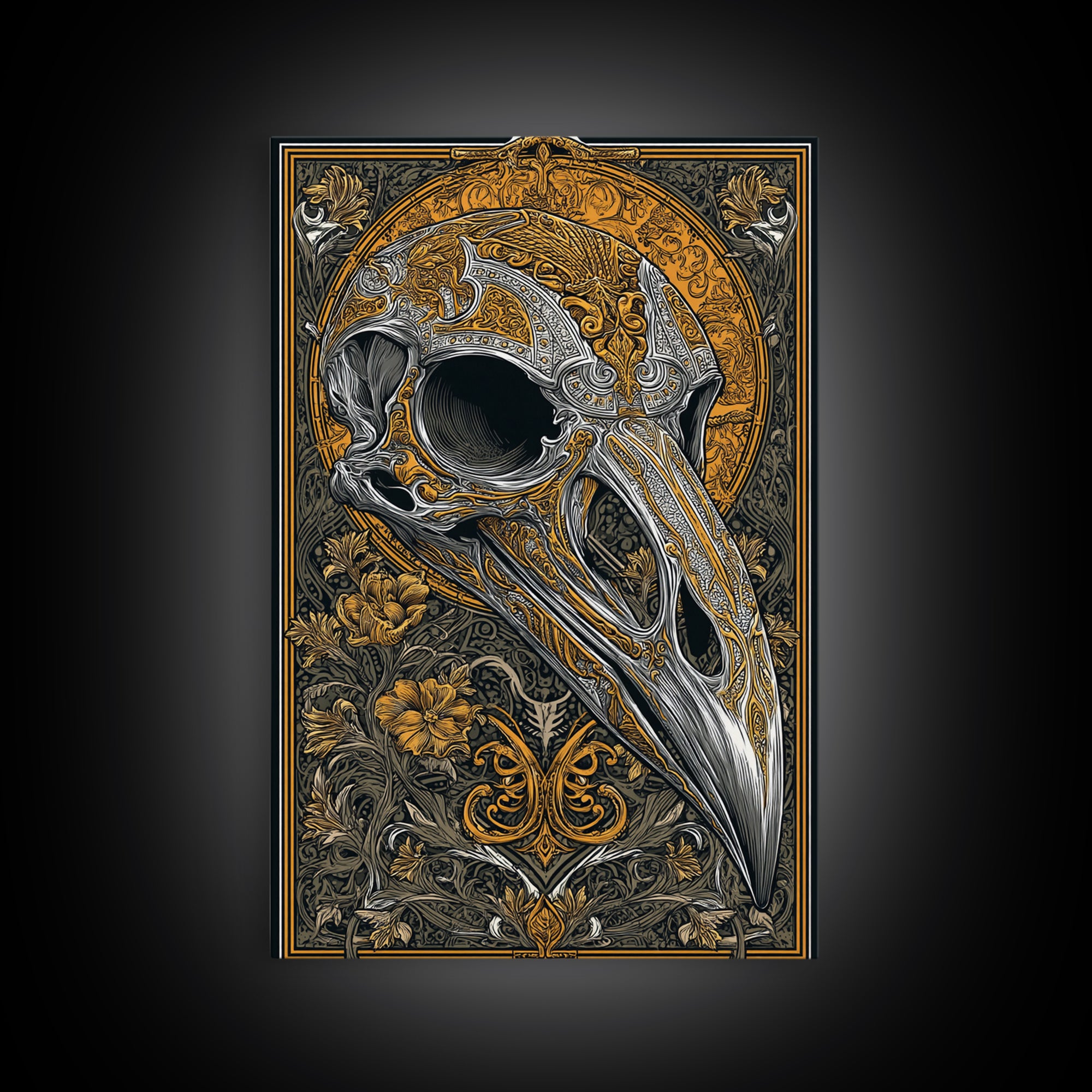 Norse Crow Skull Canvas Gold Art, Nordic Mythology Canvas Art for Man Cave or Office, framed in handcrafted real wood frame